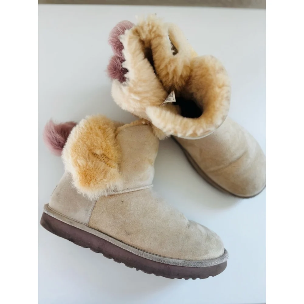 UGG Beige Sheepskin Winter Boots with Pink Pom Poms